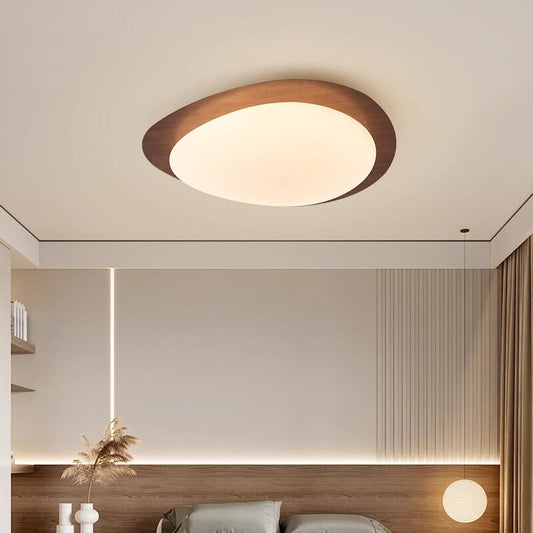 Flush Ceiling Light | Wabi Sabi Pebble LED Ceiling Lamp for Bedroom, Living Room & Study | Cream, Walnut or Wood, 38cm or 48cm, Warm or Dimmable