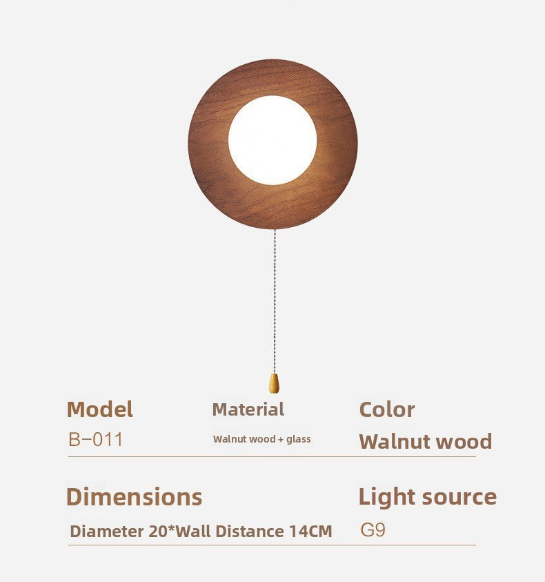 Wall Light | Walnut-Finish Wood Disc Sconce with Pull Cord Switch for Bedside, Hallway & Reading Nook | Opal Glass Globe, Warm LED, 20cm