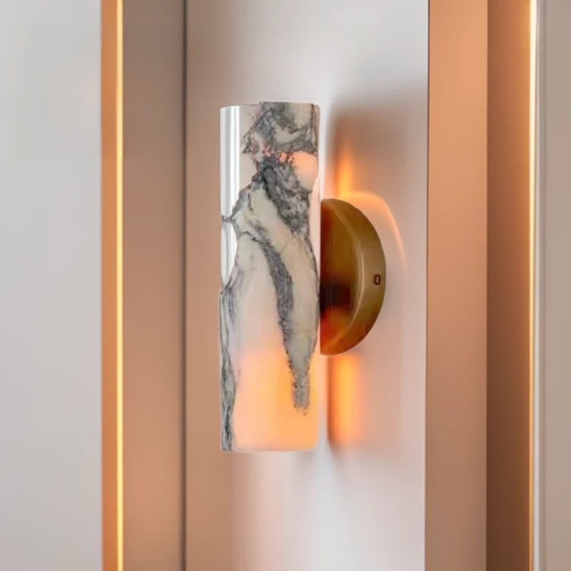 Wall Light | Natural Marble Up & Down Cylinder Sconce for Hallway, Bedroom & Living Room | Brass-Tone Back Plate, Warm LED, 24cm