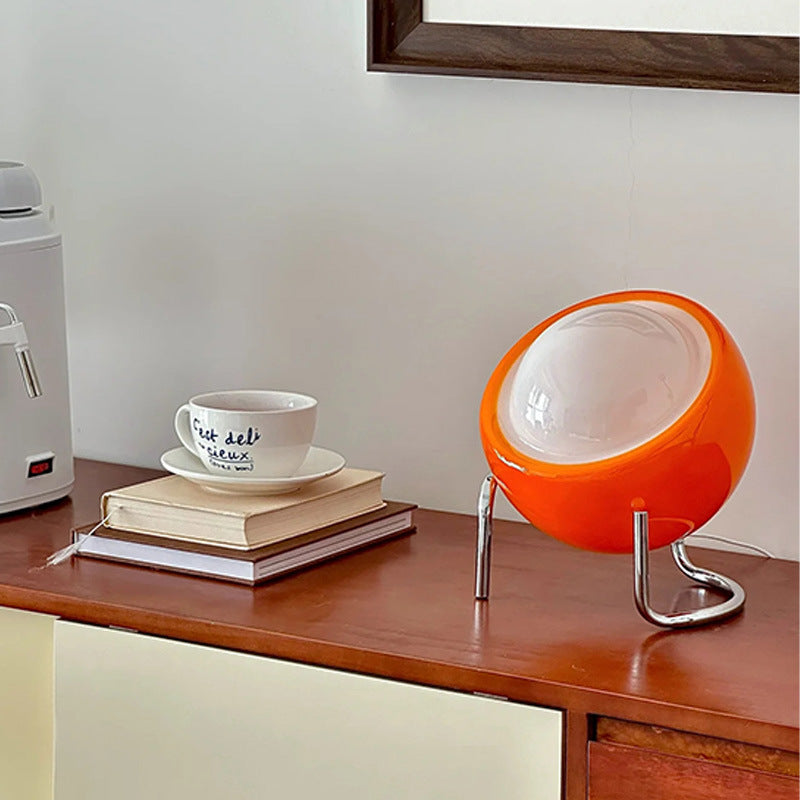 Table Lamp | Retro Orange Glass Globe Desk Lamp for Bedroom, Bedside & Study | Chrome Wire Stand, USB Powered, 3-Colour Dimmable LED