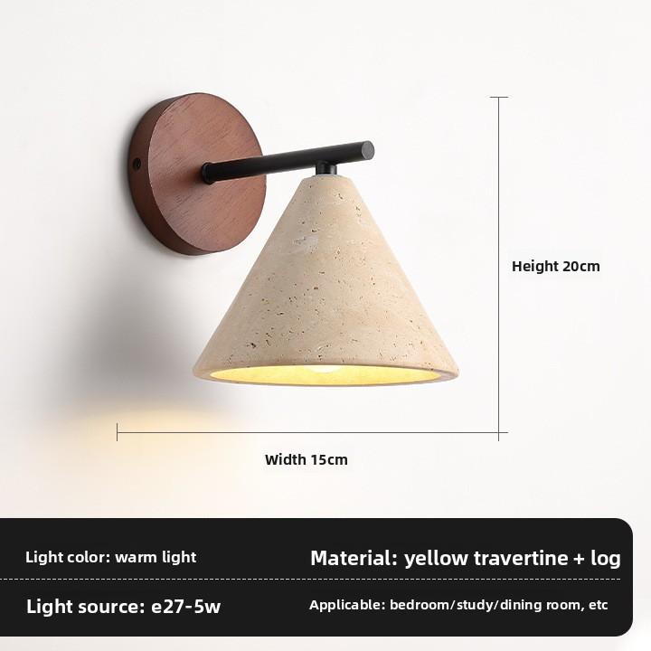 Stone Cone Wall Lamp with Dark Wood Backplate for Bedroom, Bedside & Reading Nook – photo 4