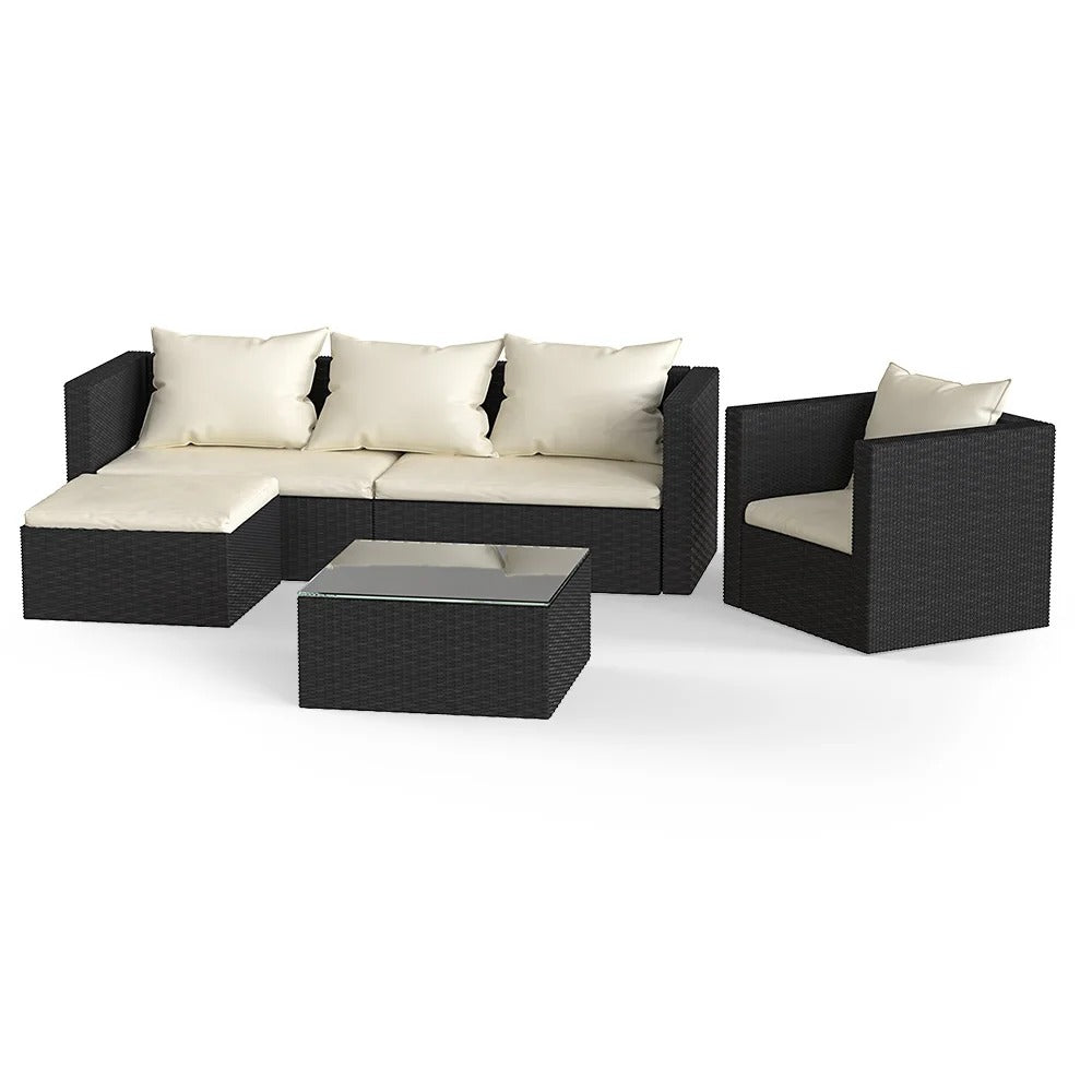 Black rattan 4-seater garden corner sofa set with cream cushions and coffee table