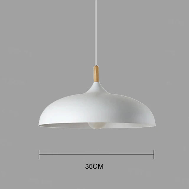White 35cm macaron dome pendant light with oak wood stem