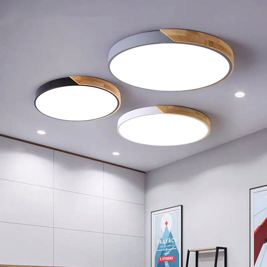 Round LED ceiling light dimmable macaron wooden frame