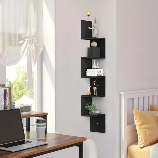Corner Wall Shelf | Zigzag Floating Bookshelf 5-Tier Wood