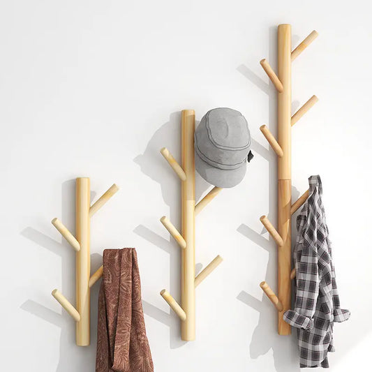 Wall mounted coat rack pine wood with hooks front view