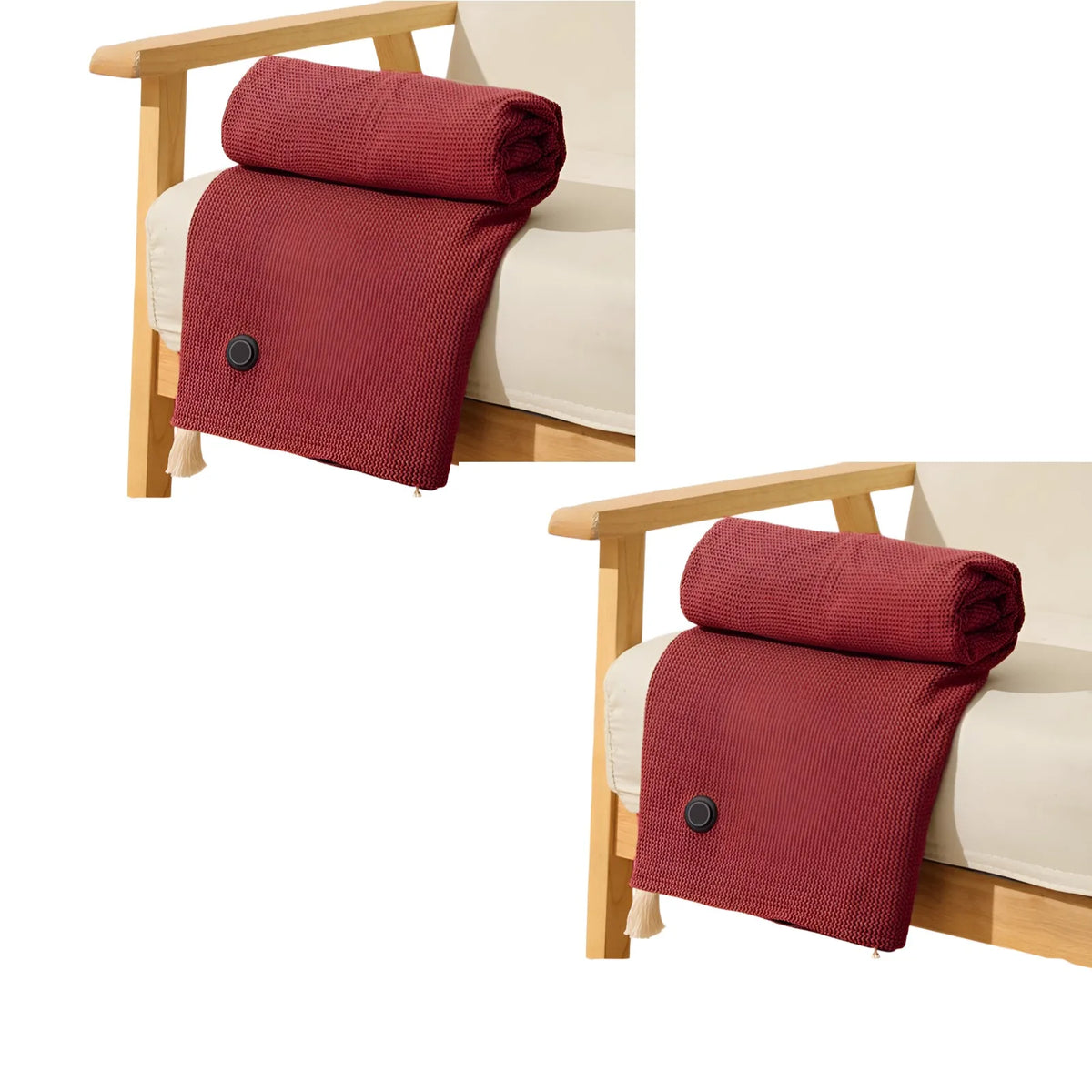 Burgundy heated throw blankets shown on two wooden armchairs