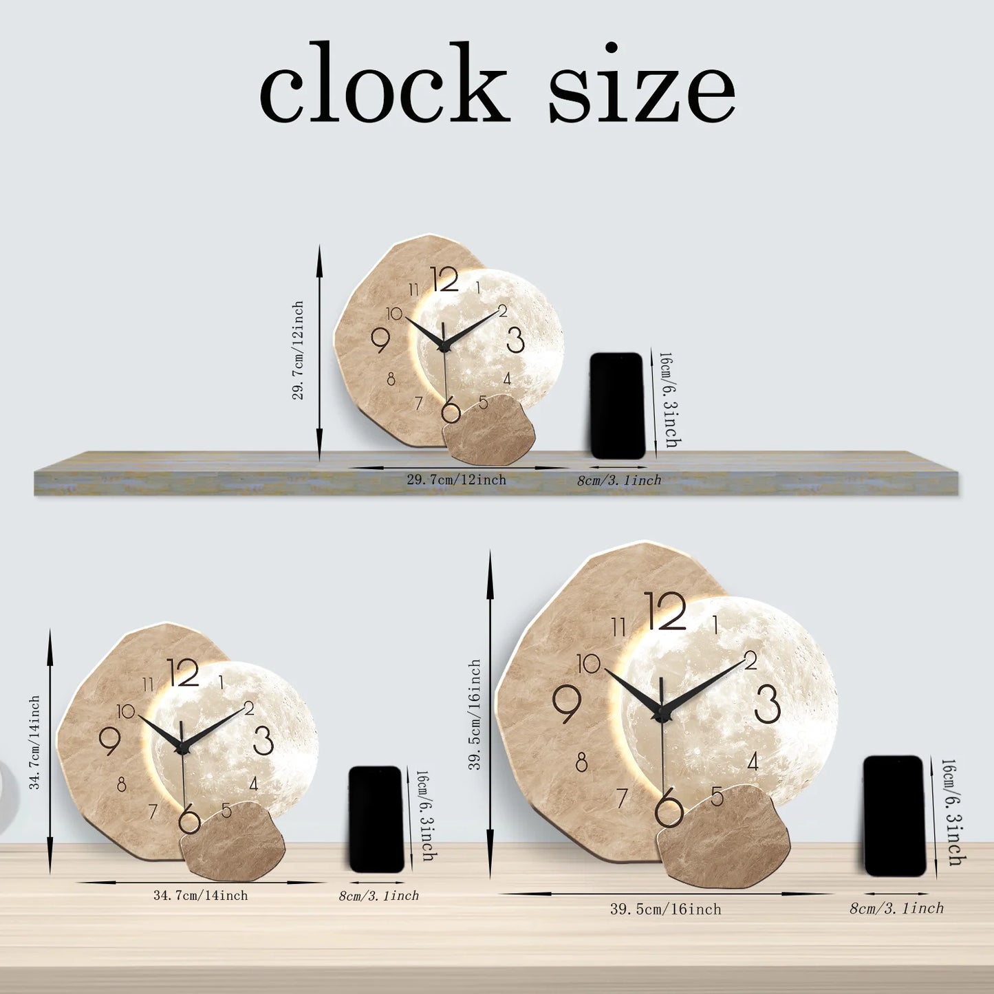 Silent Wall Clock | Moon Design Wooden Frame for Living Room