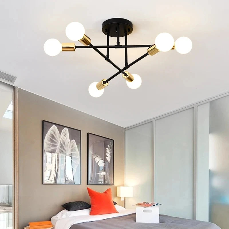 Semi Flush Ceiling Light | Sputnik Chandelier for Bedroom, Living Room & Hallway | Mid Century Modern 6 or 8 Arm, Black, White or Gold, D70cm