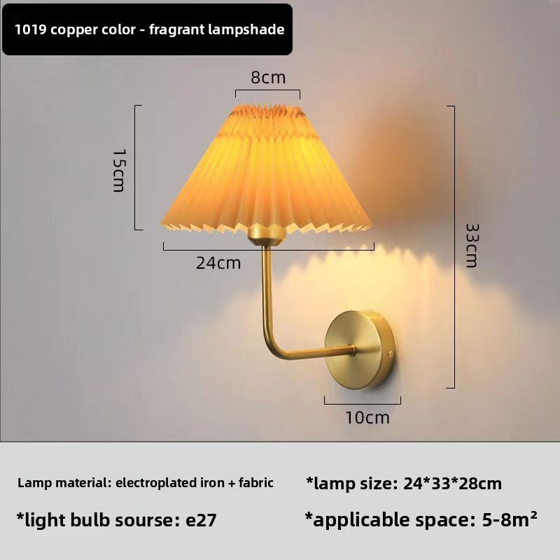 Wall Light | Pleated Fabric Shade Sconce with Curved Arm for Bedside, Bedroom & Living Room | Black or Brass, White or Apricot, E27