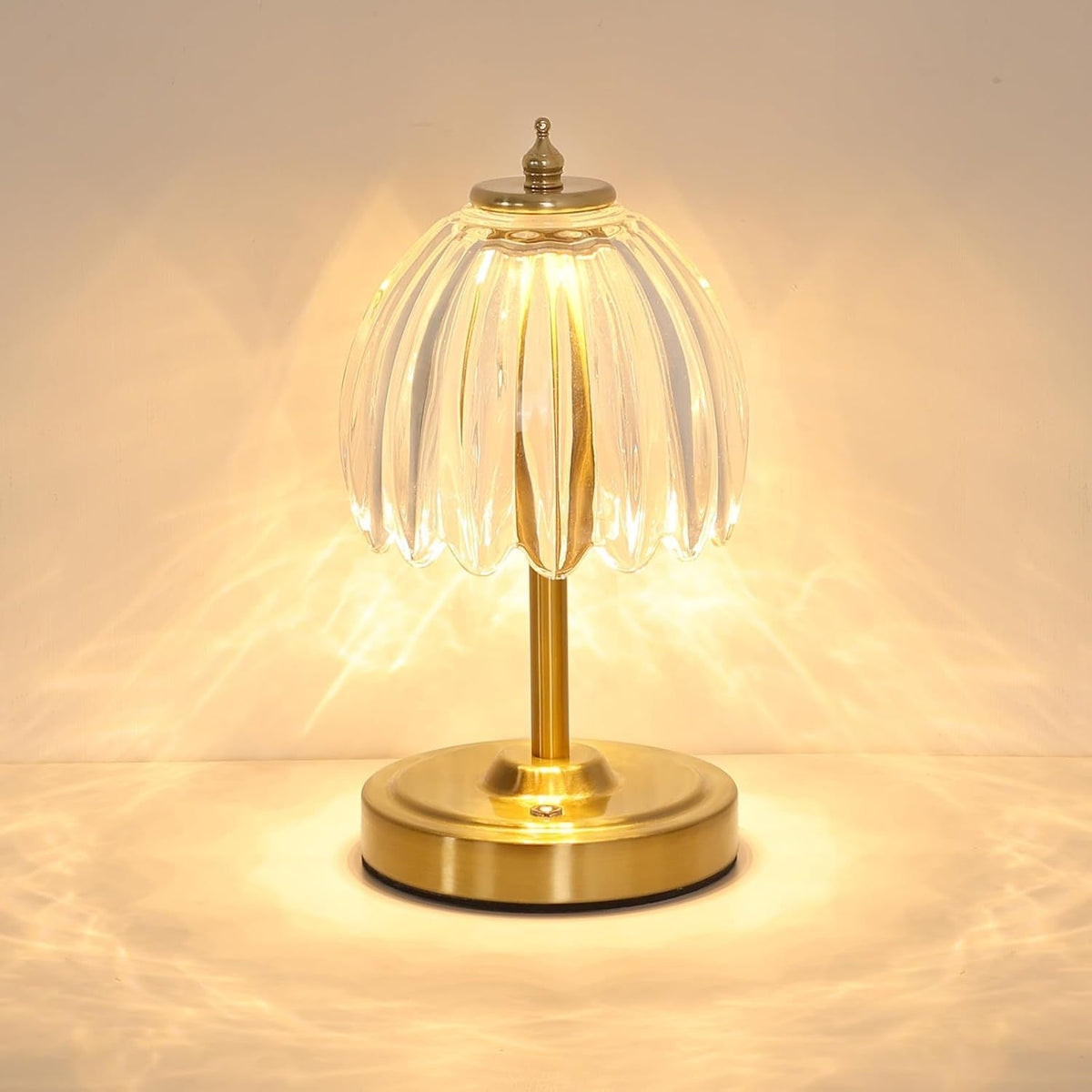 Rechargeable Table Lamp | Cordless Glass Flower Bedside Lamp for Bedroom & Dining | Touch Dimmable, Gold Stem, Green, Amber, White or Clear Glass