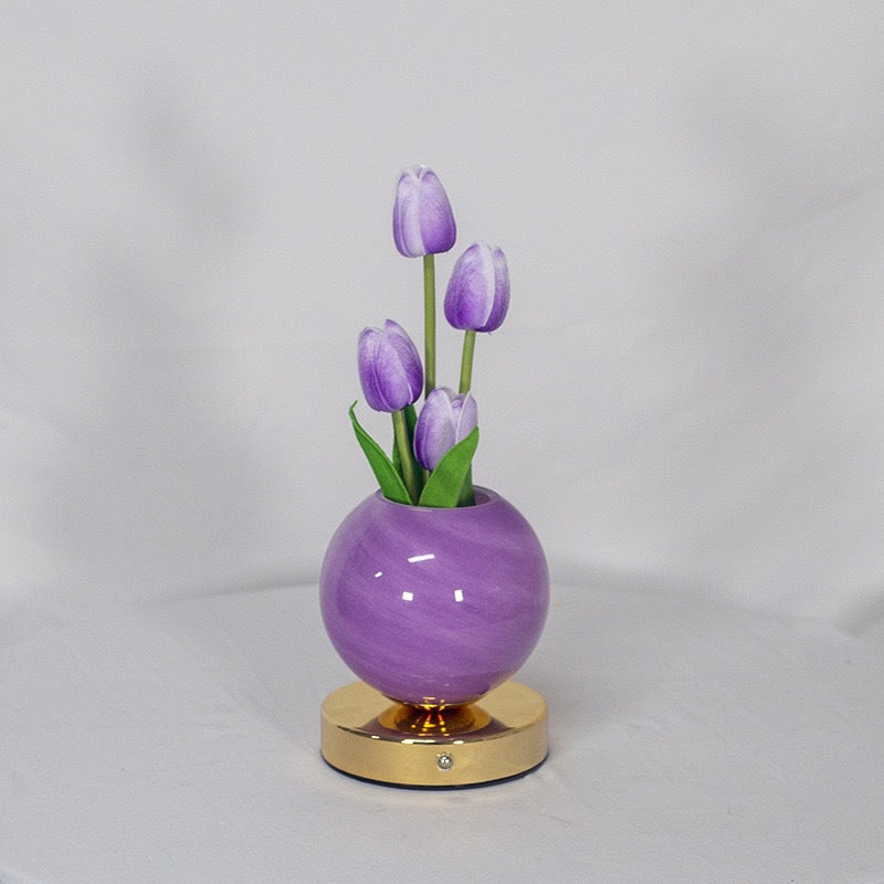 Tulip Lamp | Rechargeable Glass Flower Night Light for Bedside & Desk | Touch Dimmable, 3 Light Colours, Pink, Blue, White, Orange or Purple, 30cm