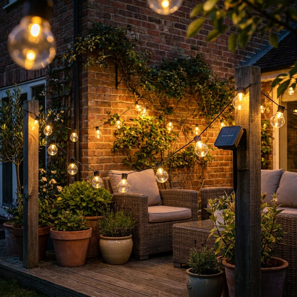 Solar globe string lights glowing warmly across a garden patio at night