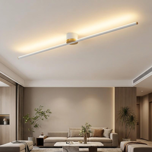 Erix Linear Flush Mount Ceiling Light in white, up glow, in a modern minimalist living room