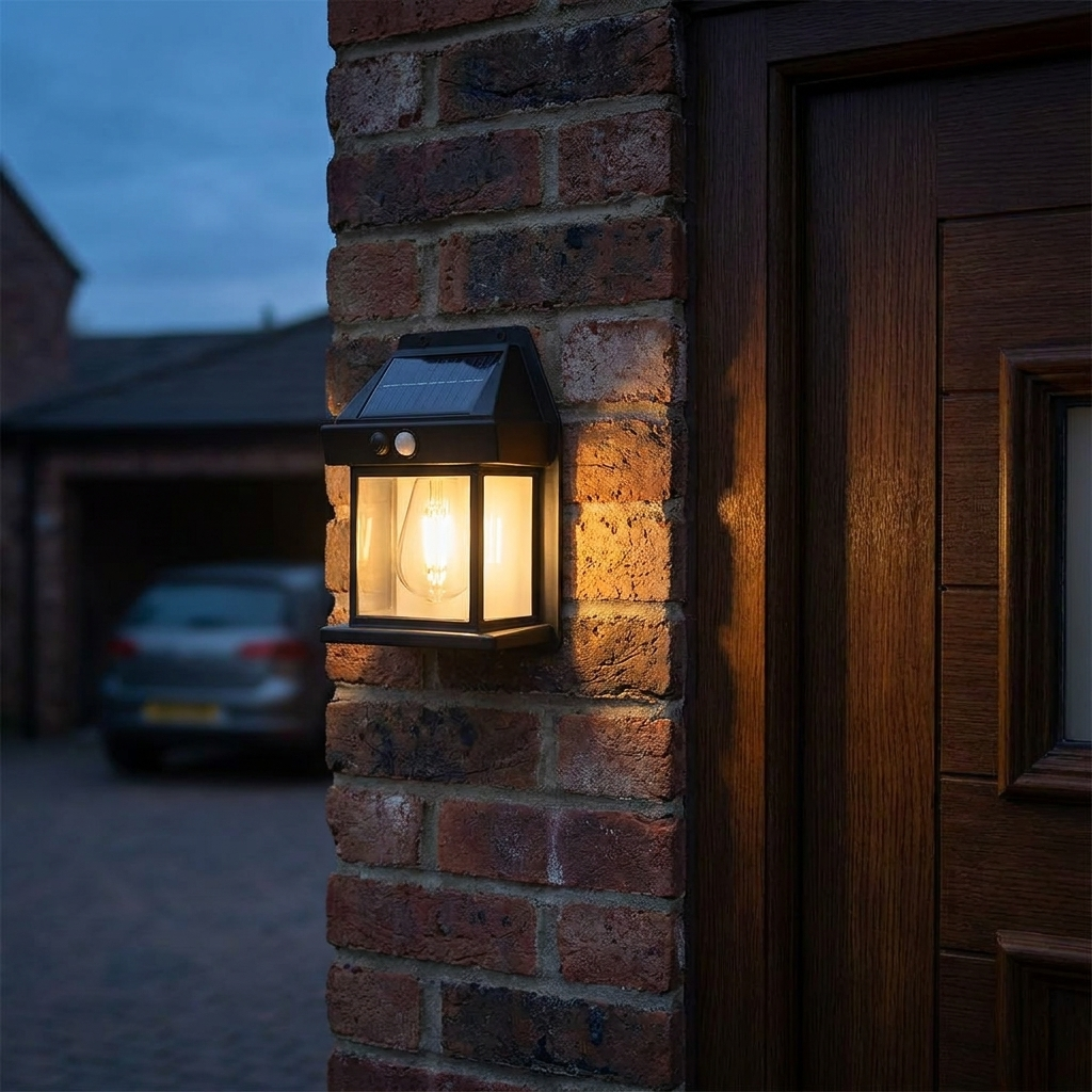 Black Classic solar wall lantern by a front door at dusk