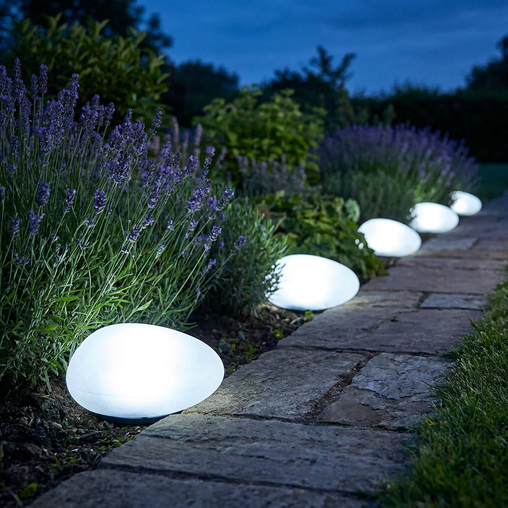 White solar pebble lights in garden planting
