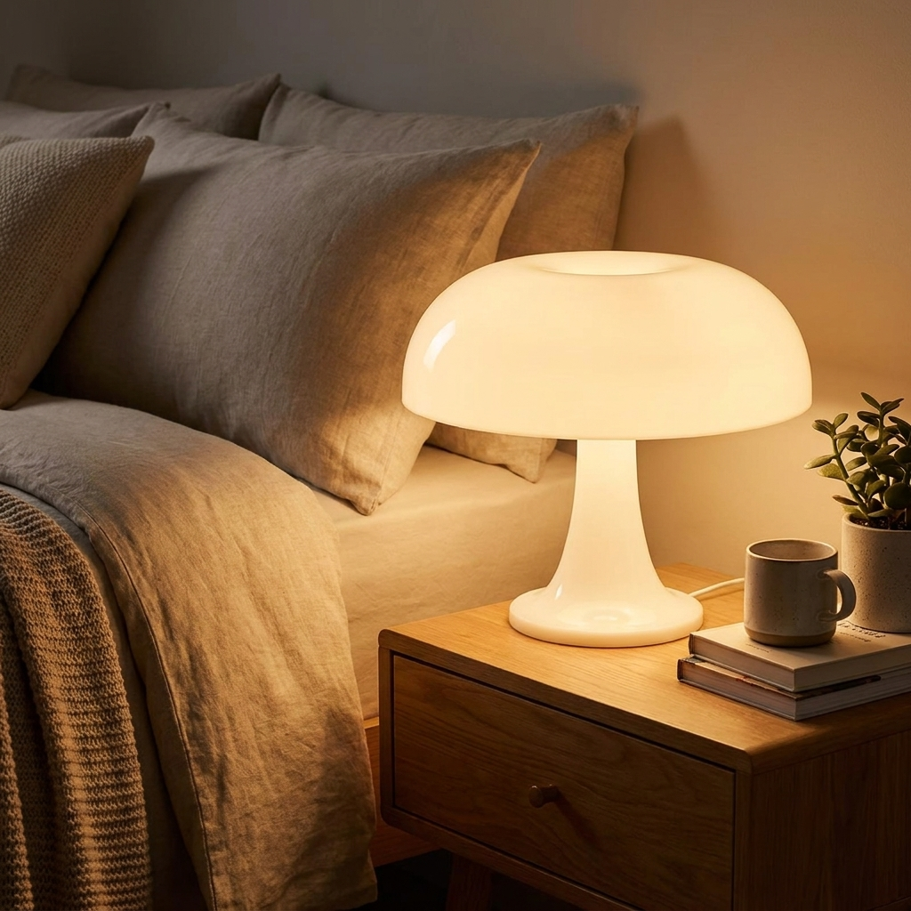 Cream white retro mushroom table lamp on a bedside table
