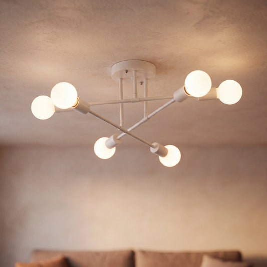 White 6 arm sputnik semi flush ceiling light, D70cm mid century chandelier in a UK bedroom