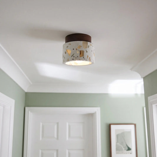 Terrazzo and wood flush ceiling light – Small – Walnut – in a hallway