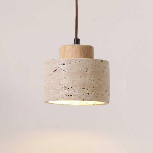 Travertine stone drum pendant light – Natural Wood – close-up of the stone texture
