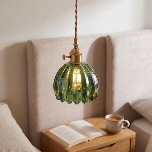 Small flower glass pendant light – Green – beside a bed