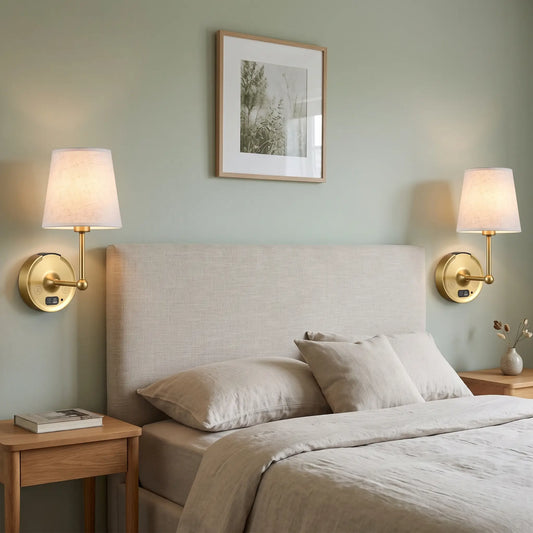 Pair of battery wall sconces with white fabric shades either side of a bed