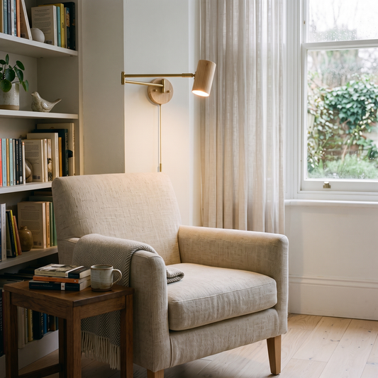 Natural wood swing arm wall light with brass arm above a linen armchair