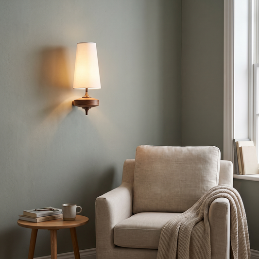White fabric wall light with tall shade and wooden base, lit beside a linen armchair