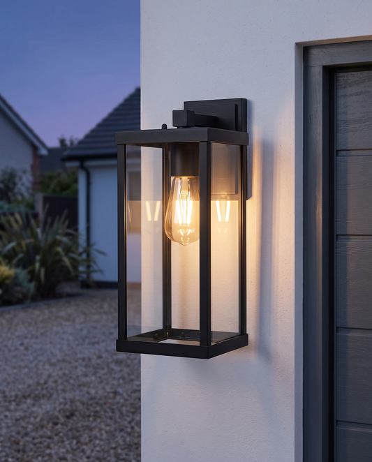Large modern black box lantern 37.5cm beside a garage door