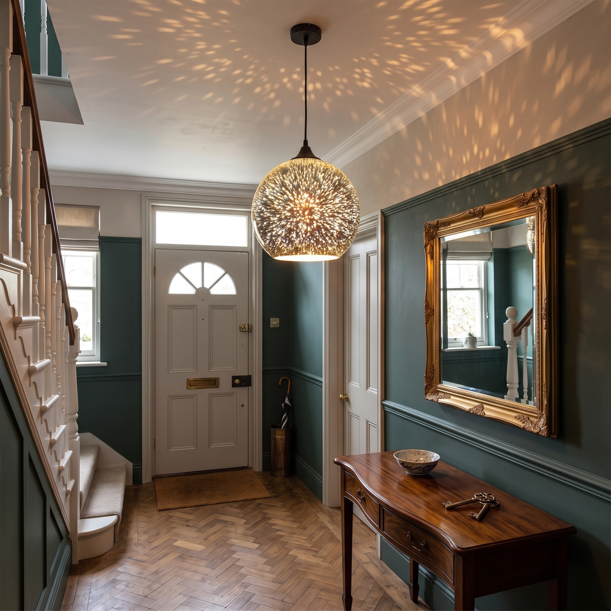 3D firework glass globe pendant in a hallway