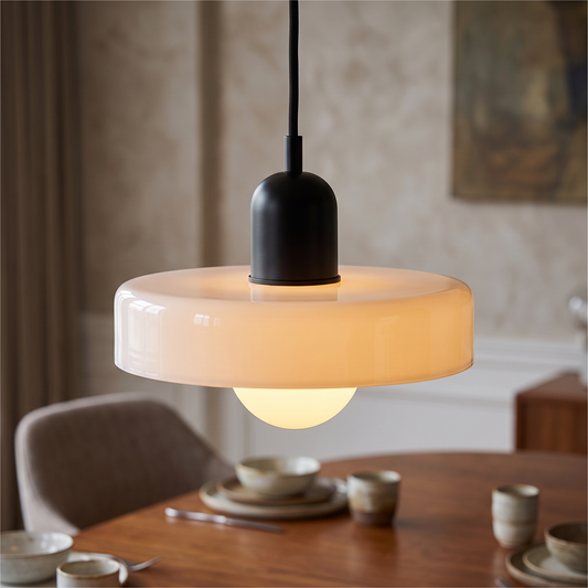 Bauhaus glass pendant, white glass with black cup