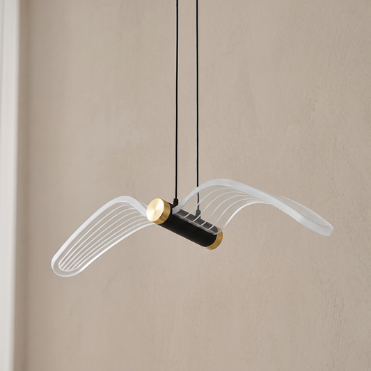 LED bird pendant light switched off, side view showing the curved acrylic wings