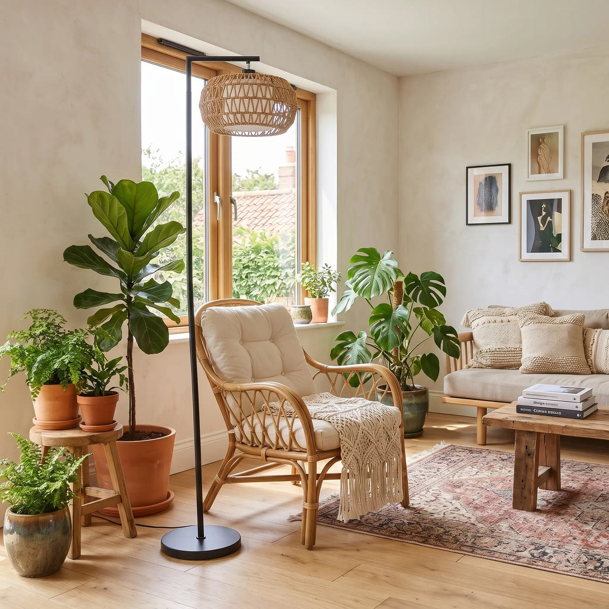 Boho arc floor lamp in a bright living room in daylight