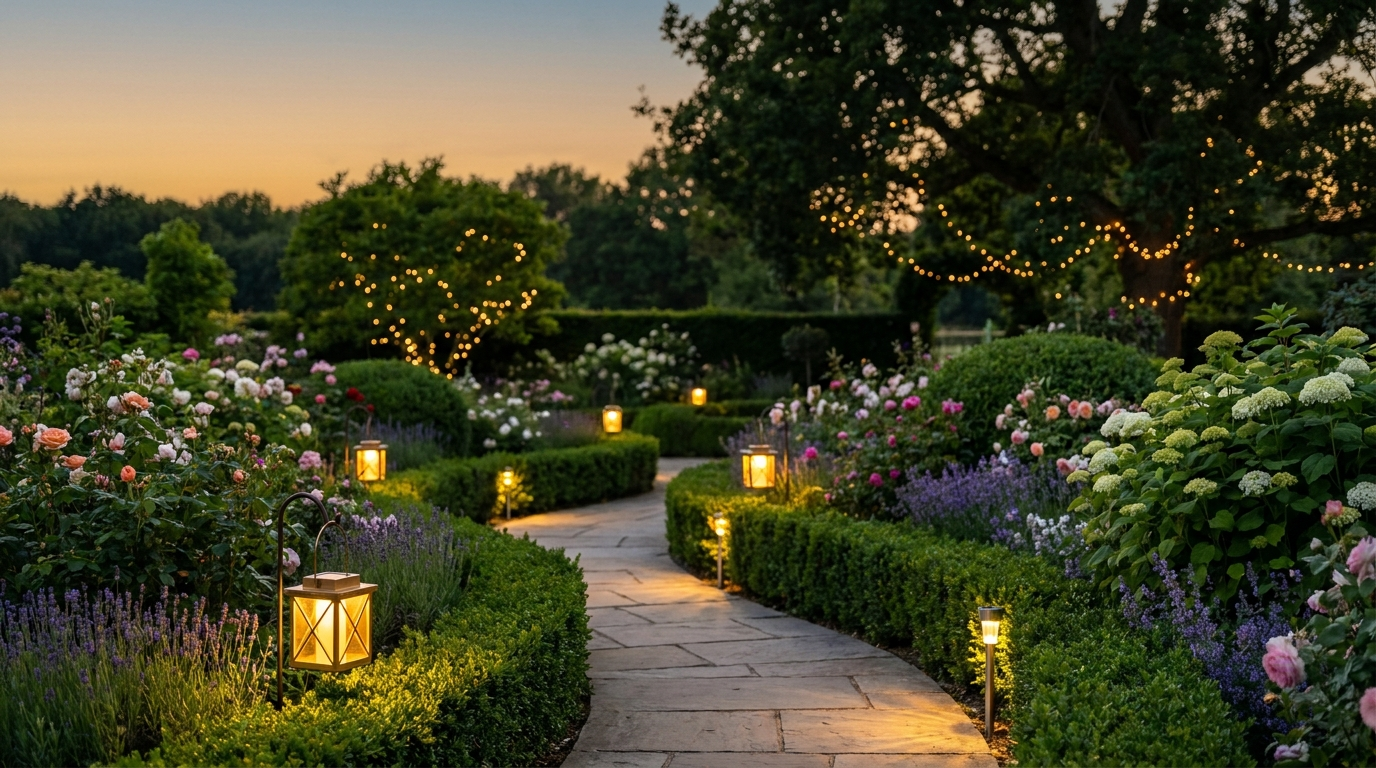 Garden Lighting collection - solar lanterns and LED path lights in a beautifully landscaped garden at dusk