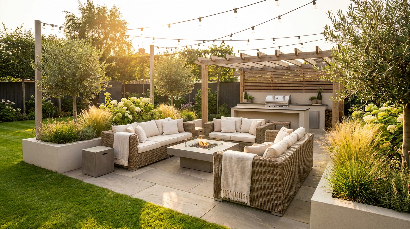 Garden & Outdoor collection - stylish patio with rattan furniture and string lights in golden hour