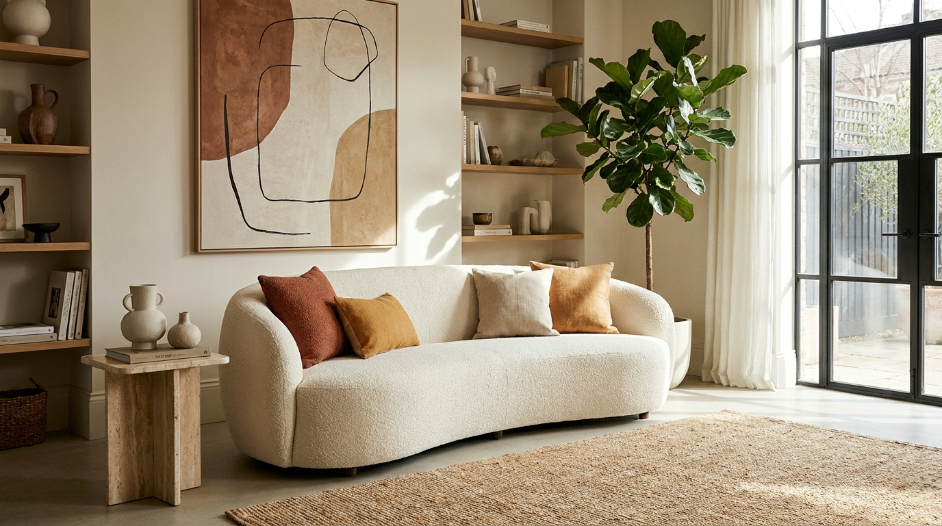Home Decor & Furniture collection - elegant living space with abstract wall art, designer sofa and styled decor