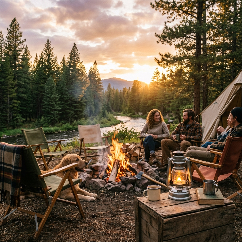 Camping and outdoor seating — folding chairs and lanterns at golden hour