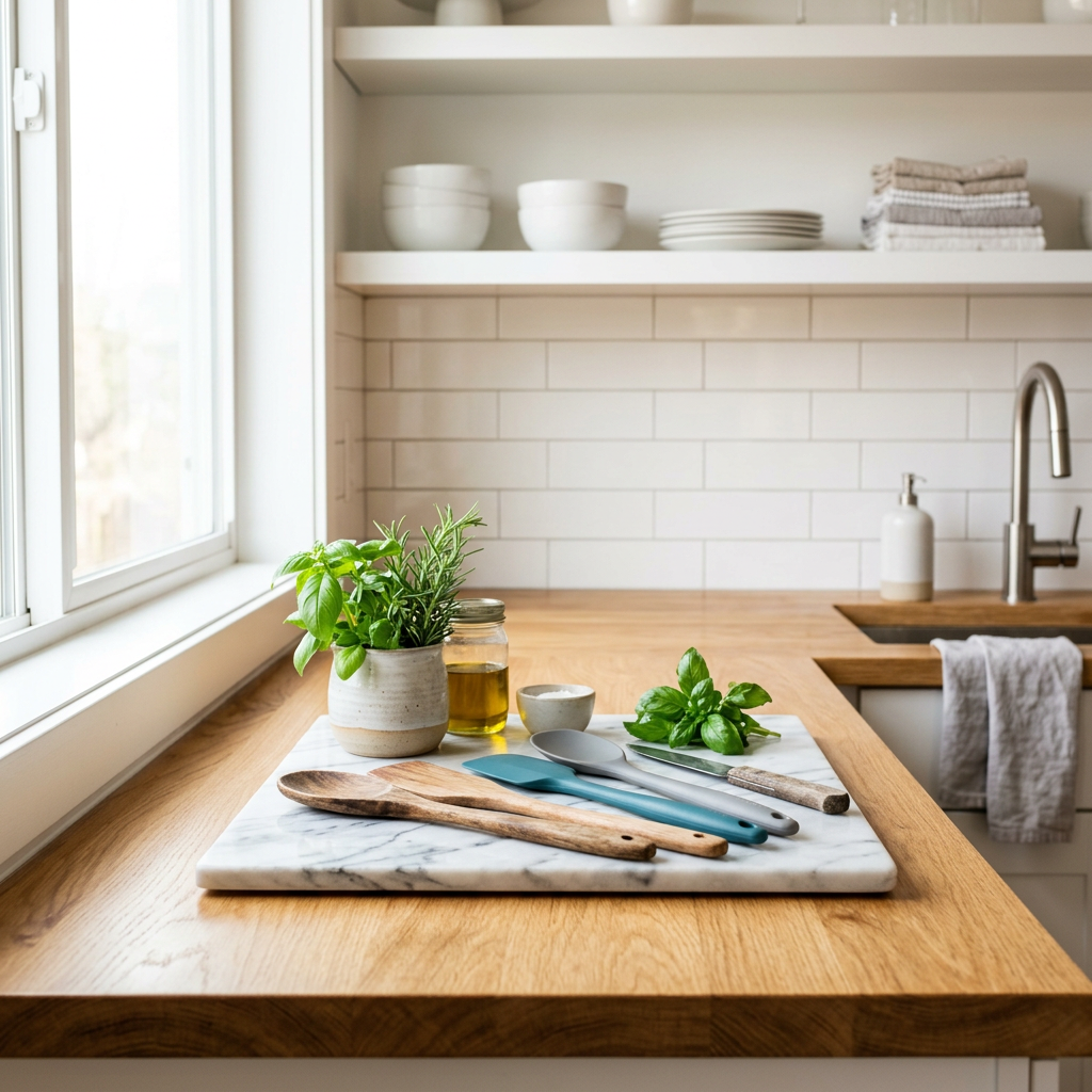 Kitchen gadgets and tools — wooden utensils, silicone tools and marble chopping board on a modern countertop