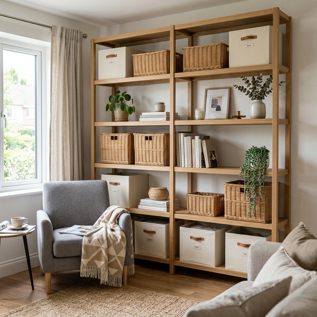 Storage and organisation — styled shelving unit with wicker baskets and fabric storage boxes in a bright modern living room