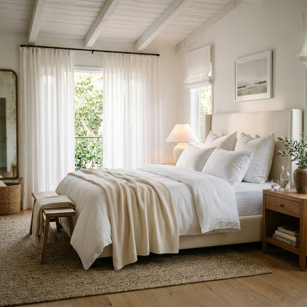 Bedding and mattresses — luxurious bedroom with crisp white linen bedding, plump pillows and a soft throw in morning light