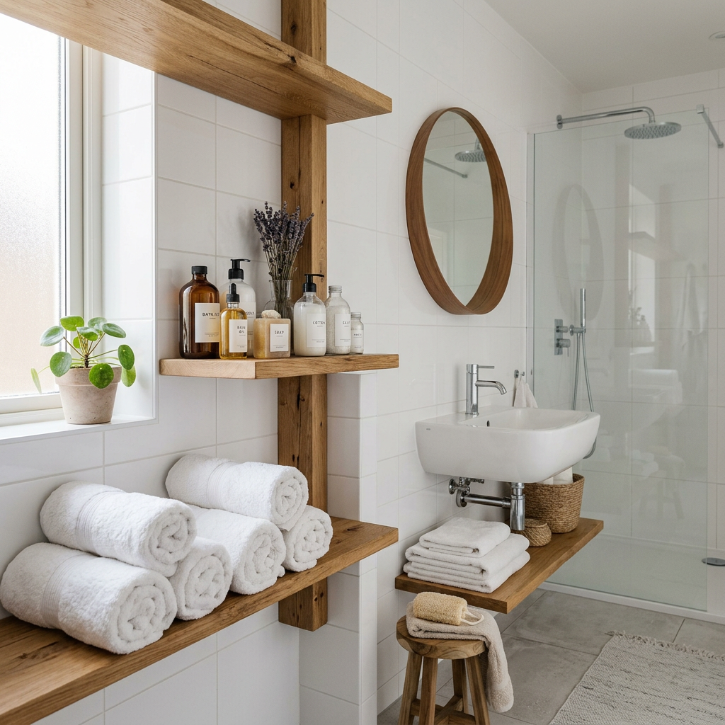 Bathroom — modern bathroom with white tiles, wooden shelving, rolled towels and glass bottles in soft natural light