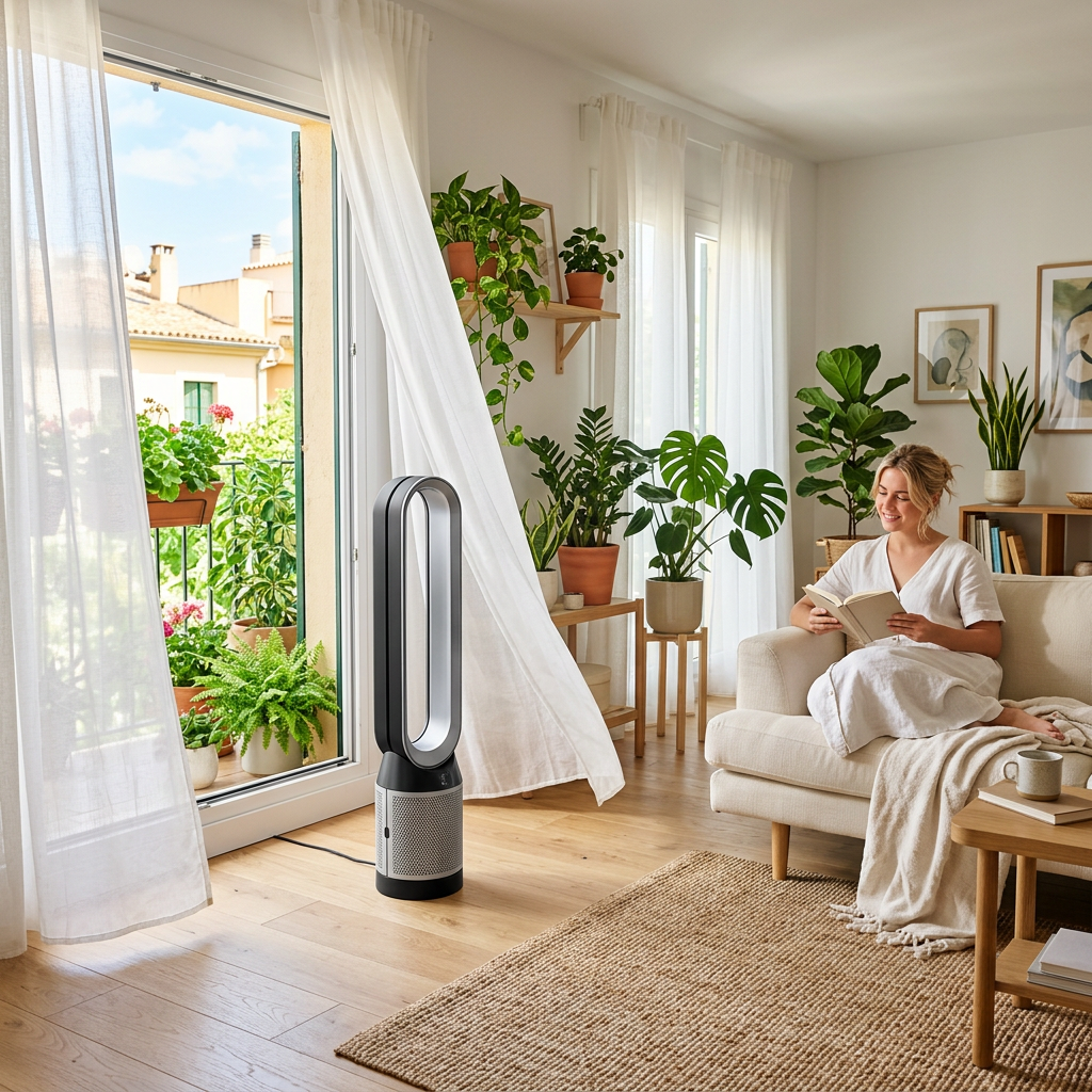 Fans and air coolers — modern tower fan in a bright airy living room with sheer curtains and plants