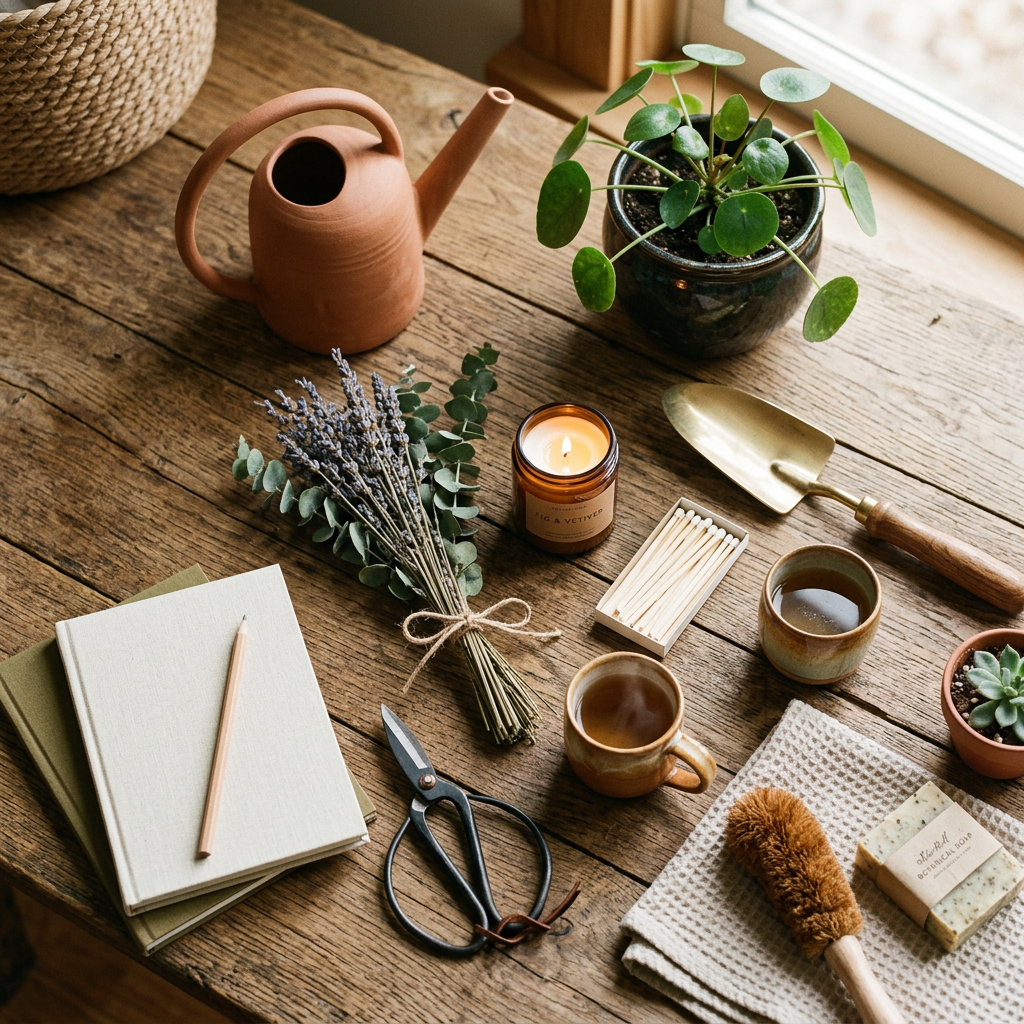 Best sellers — curated flat lay of home and garden products on a warm wooden surface with candles and plants