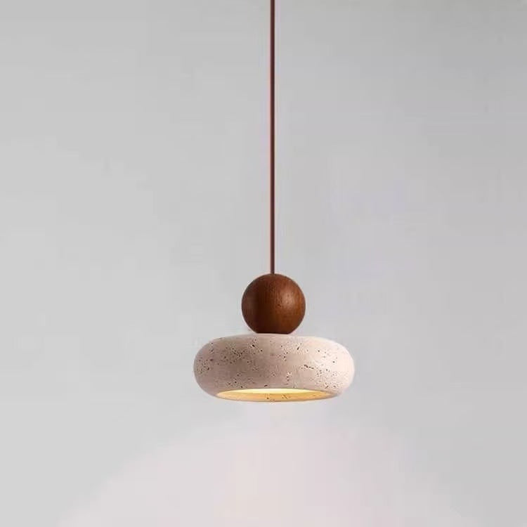 Pendant Light | Travertine Stone Saucer Lamp for Bedside, Hallway & Kitchen | Japandi Wabi Sabi, Walnut or Natural Wood, Warm or 3-Colour LED, 15cm