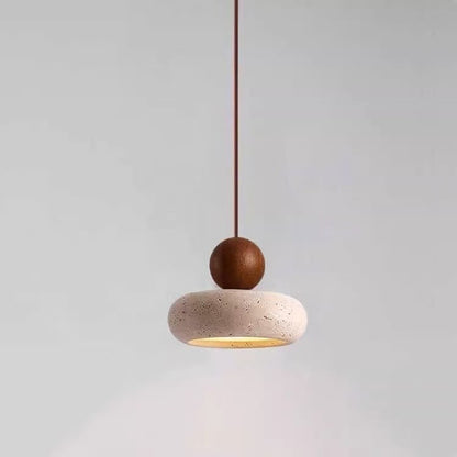 Pendant Light | Travertine Stone Saucer Lamp for Bedside, Hallway & Kitchen | Japandi Wabi Sabi, Walnut or Natural Wood, Warm or 3-Colour LED, 15cm