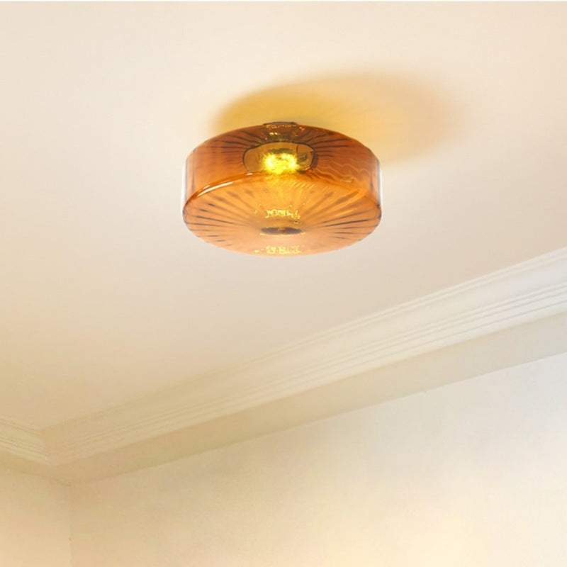Flush Ceiling Light | Vintage Amber Ribbed Glass Lamp for Hallway, Bedroom, Kitchen & Landing | Retro Corrugated Shade, 3-Colour LED, 20cm or 28cm