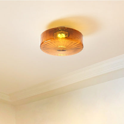 Flush Ceiling Light | Vintage Amber Ribbed Glass Lamp for Hallway, Bedroom, Kitchen & Landing | Retro Corrugated Shade, 3-Colour LED, 20cm or 28cm