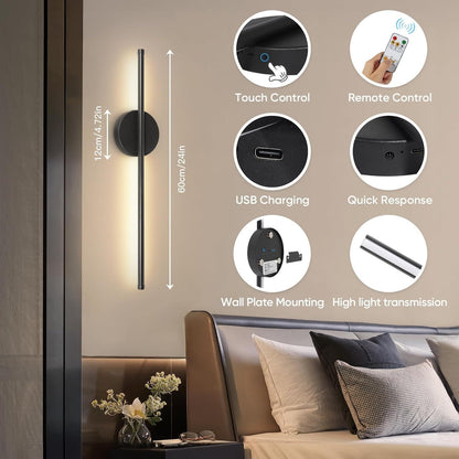 Battery Operated Wall Light | Rechargeable Magnetic LED Bar for Bedside & Hallway | Remote, 3 Light Colours, 50cm, Black or Gold, 1 or 2 Pack
