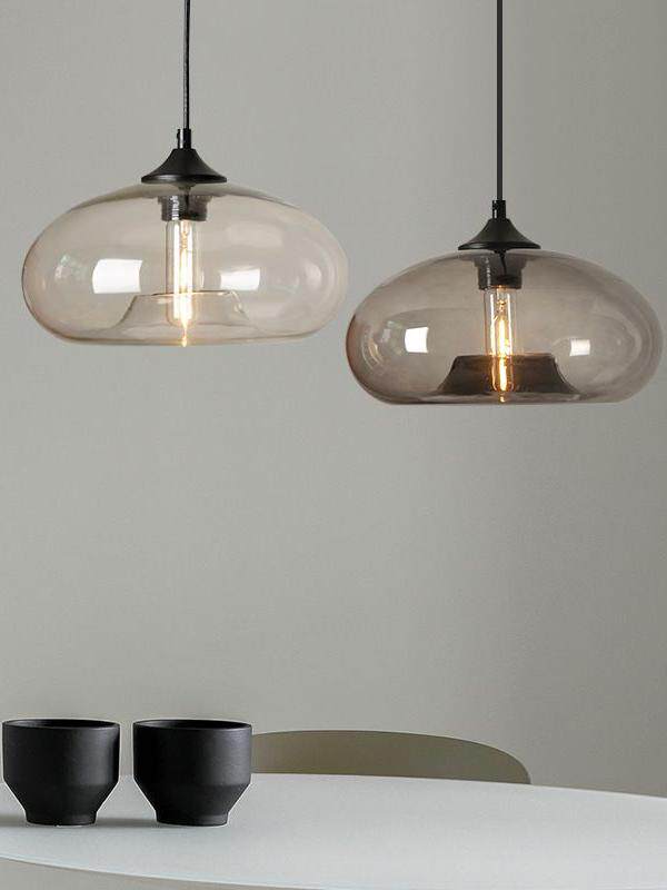 Pendant Light | Coloured Glass Oval Lamp for Dining Table, Kitchen Island & Bar | Clear, Smoke Grey, Amber, Coffee, Sky Blue or Red, Edison LED, 28cm