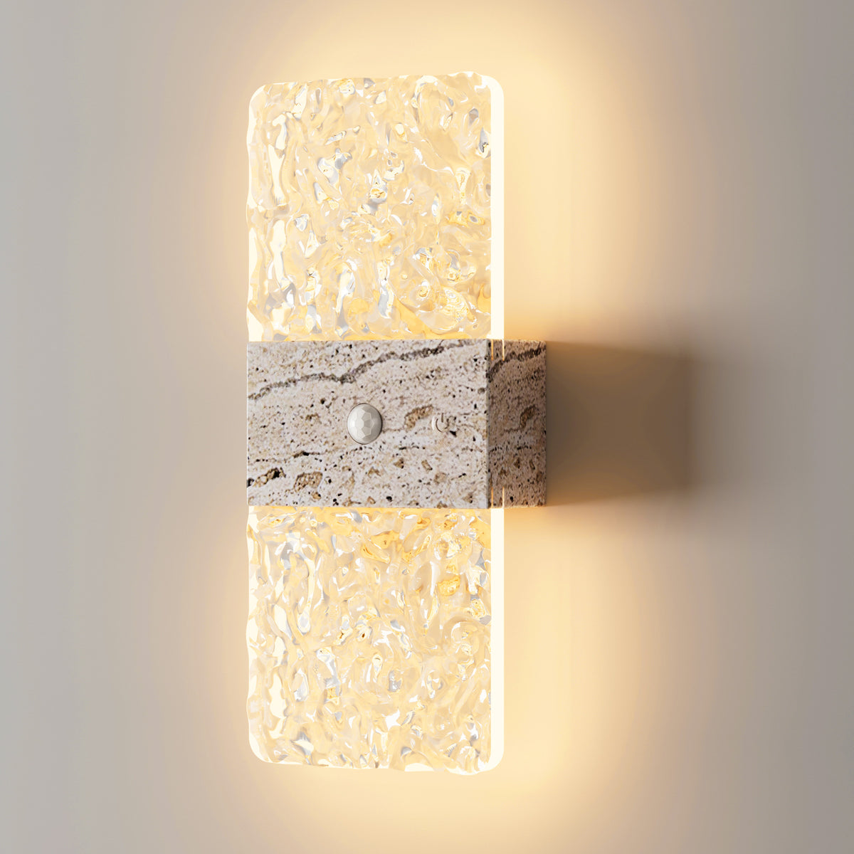 Motion Sensor Night Light | Battery Operated Crystal-Effect Wall Light for Hallway, Stairs | Stick On, No Wiring, Wood or Travertine-Effect, 20cm